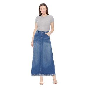 GoModest Women's Maxi Scallop Hem Denim Jean Skirt